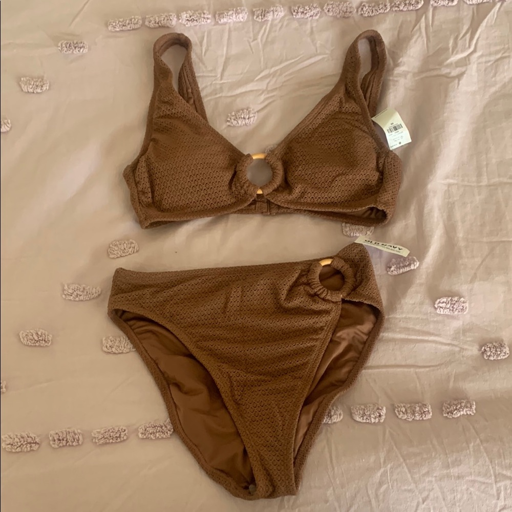 Brown Textured Bikini Set with high waisted crochetFlate cover up panta